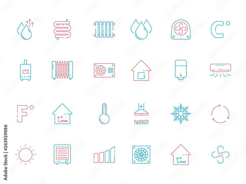 Cooling icons. Heating home conditioning symbols ventilation service vector colored thin pictures. Illustration of air conditioning, cooling system and conditioner equipment Cooling icons. Heating home conditioning symbols ventilation service vector colored thin pictures. Illustration of air conditioning, cooling system and conditioner equipment