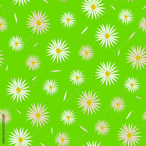 Seamless background with daisy flowers on green. Vector illustration. Gentle wallpaper