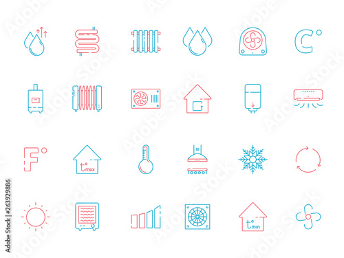 Cooling icons. Heating home conditioning symbols ventilation service vector colored thin pictures. Illustration of air conditioning, cooling system and conditioner equipment