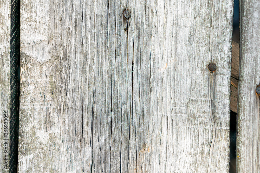Texture of boards from the entrance door to the barn. On the boards you can see the trace of time through parallel cracks in the wood. Visible old rusty nails. Texture of boards from the entrance door to the barn. On the boards you can see the trace of time through parallel cracks in the wood. Visible old rusty nails.