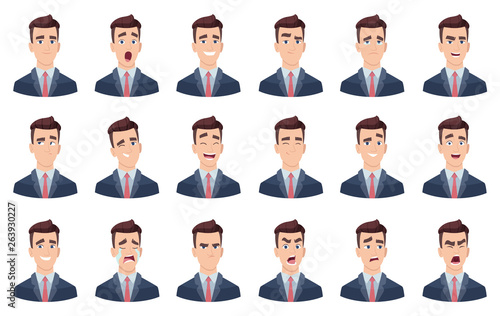 Man emotions. Facial characters different faces sadness hate smile head portrait vector characters. Head avatar angry face, happy emotion illustration