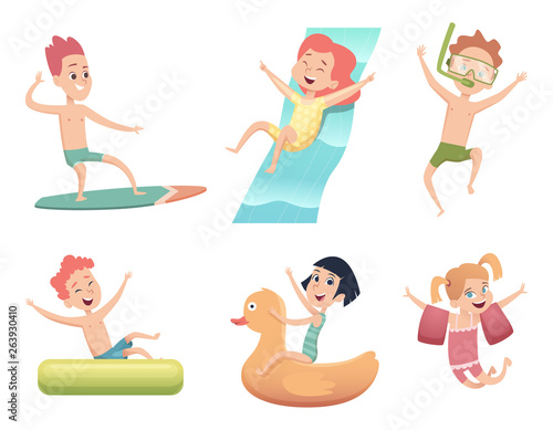 Aquapark characters. Activities in water pool sea jumping and swimming happy childrens vector cartoon collection. Illustration of aqua pool park, happy child