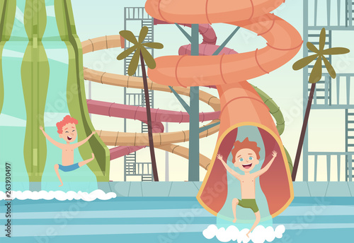 Water park games. Funny attractions for kids swimming jumping and playing in water outdoor pools vector cartoon background. Aquapark activity, waterpark with pipe, waterslide illustration