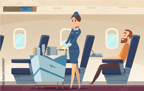 Stewardess background. Avia company persons standing in airport landscape fly pilots of airplane vector cartoon illustration. Travel flight, airplane stewardess in business class