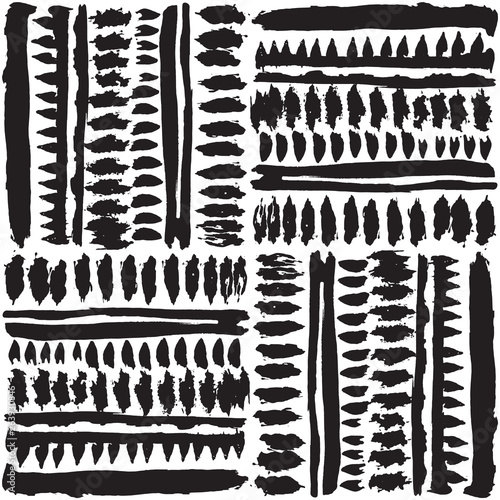 Black and white hand drawn tribal patchwork design.Seamless vector pattern.