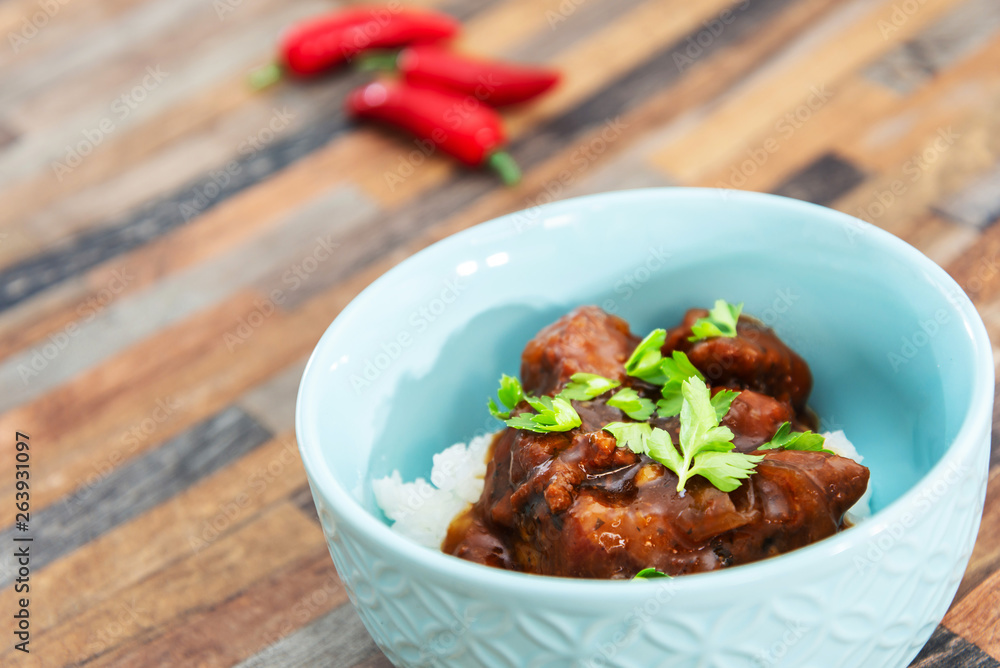 Asian style caramel pork with rice and vegetable Asian style caramel pork with rice and vegetable