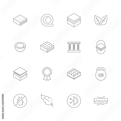 Mattress icons. Orthopedic memory foam healthcare bed air dusting latex night furniture vector icons. Mattress orthopedic, bedroom furniture element illustration