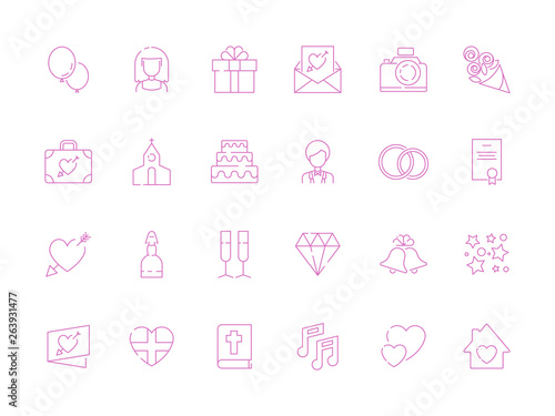 Wedding symbols. Love couple cakes photography camera gifts items for happy wedding day celebration vector thin line icon collection. Wedding celebration icons set, marriage linear illustration