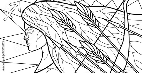 black and white illustration with the image of a girl personifying the zodiac sign, in the style of stained Glass