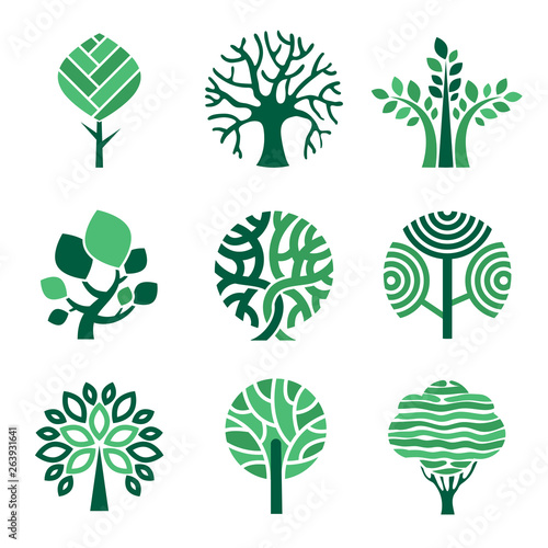 Tree logo. Green eco symbols nature wood tree stylized vector pictures. Eco wood tree, organic natural abstract trees illustration