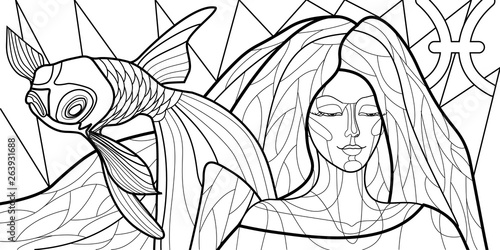 black and white illustration with the image of a girl personifying the zodiac sign, in the style of stained Glass