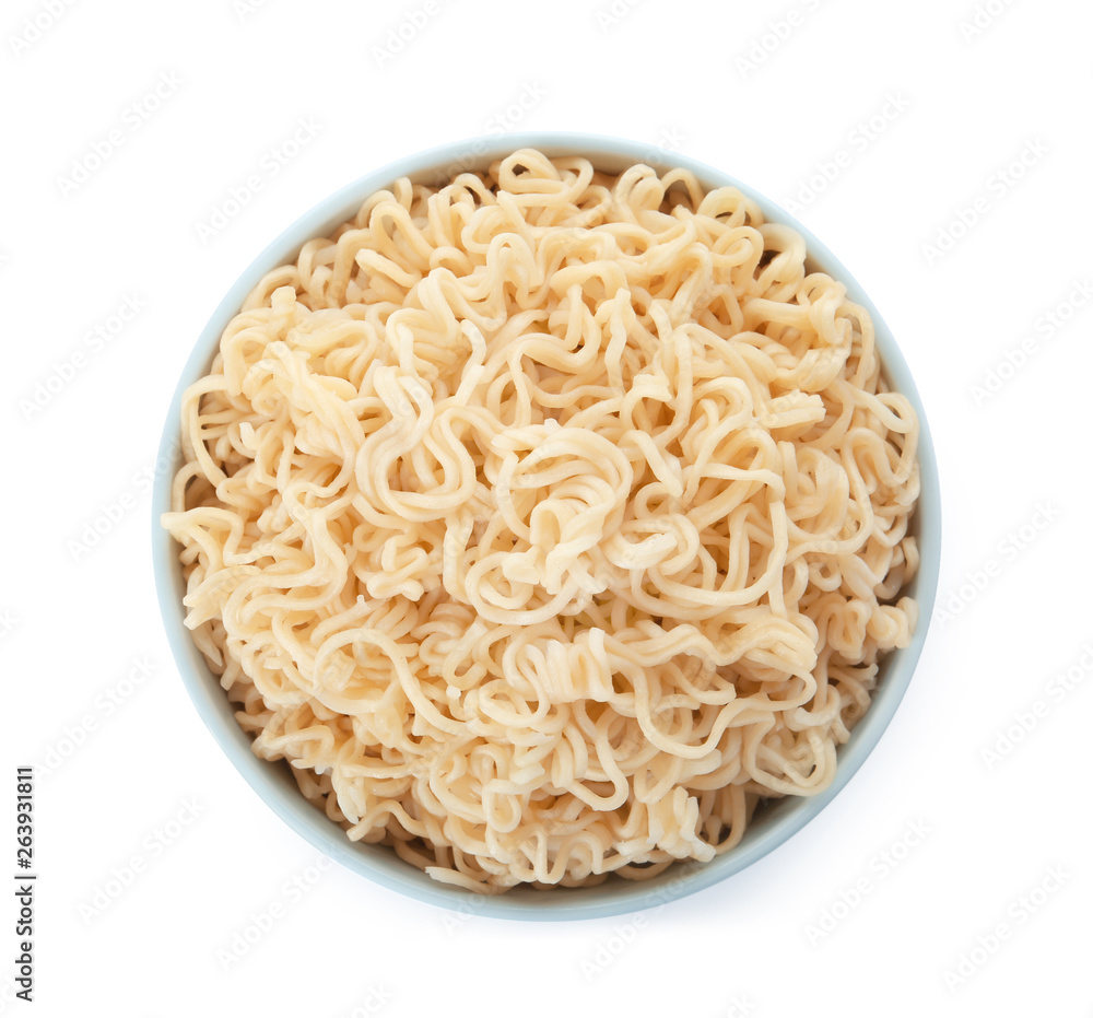 Tasty instant noodles in bowl isolated on white, top view Tasty instant noodles in bowl isolated on white, top view