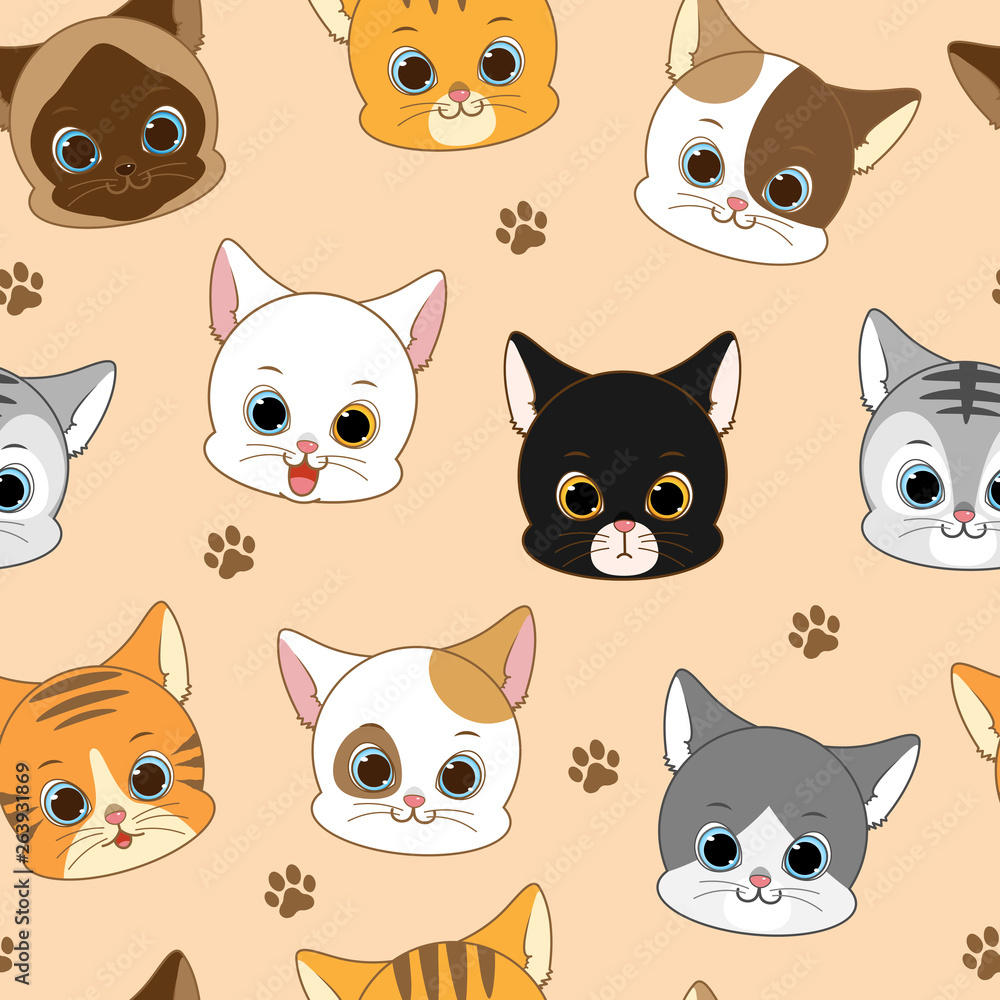 Cute Smiling Cat Head Seamless Pattern, Vector Illustration Cute Smiling Cat Head Seamless Pattern, Vector Illustration
