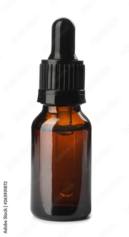 Bottle of essential oil isolated on white Bottle of essential oil isolated on white