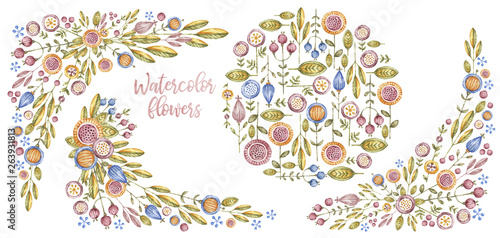 Watercolour flowers and borders, card cover design