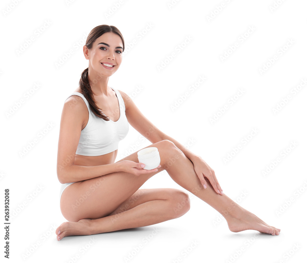 Young woman with jar of cream on white background. Beauty and body care Young woman with jar of cream on white background. Beauty and body care