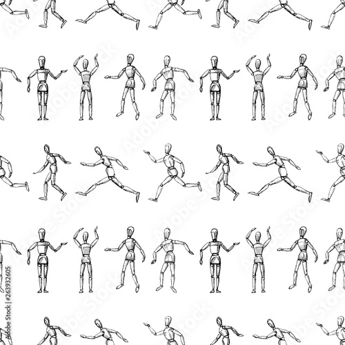 Seamless pattern of sketches of human mannequins