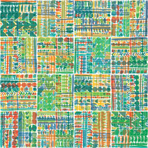 Hand drawn multicolored tribal patchwork seamless vector pattern with transparent overlay effects. Great for home decor, stationery, apparel, backdrops. © KaliaZen