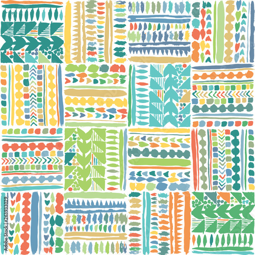 Hand drawn multicolored tribal patchwork seamless vector pattern. Great for home decor, stationery, apparel, backdrops.