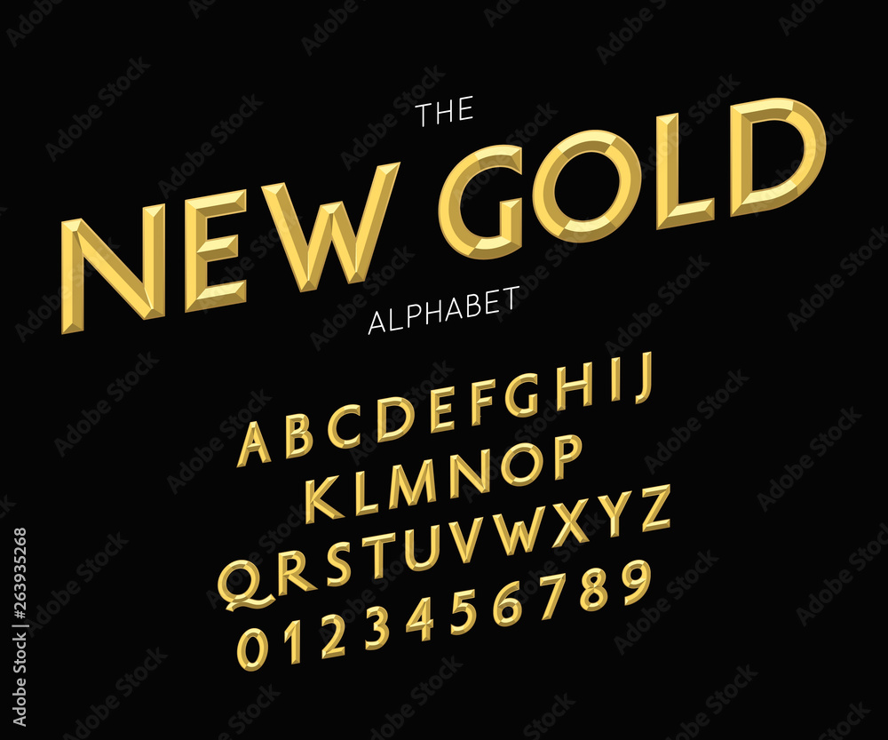 Vector new gold alphabet and font. Letters and numbers