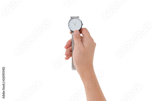 Fototapeta Naklejka Na Ścianę i Meble -  right hand holding watch with white background and dipping path