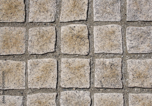 Granite curbstones. gray, brown. square pattern.