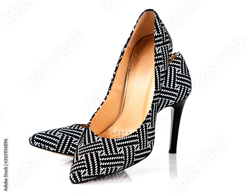 Modern black and white pattern  high heel women shoes isolated on white background