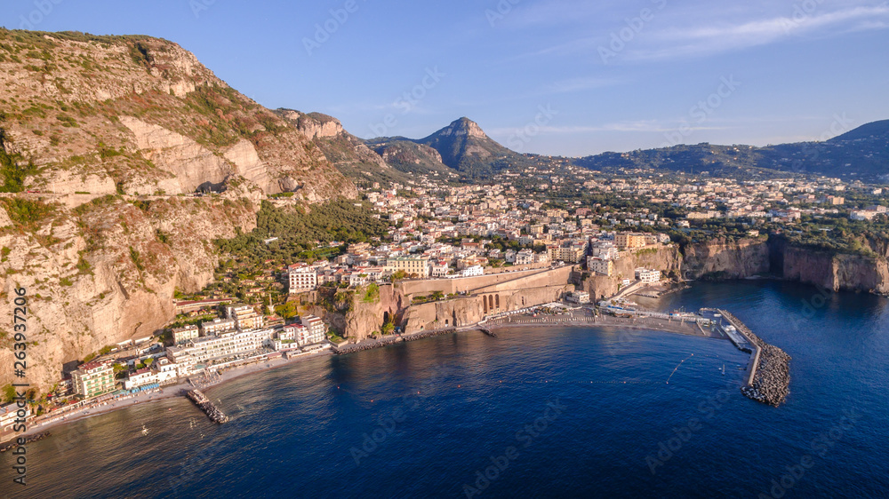 Aerial sunset View of the Sorrento coast. Meta beach, travel concept, space for text, travel to Italy, Europe vacation. Mountains