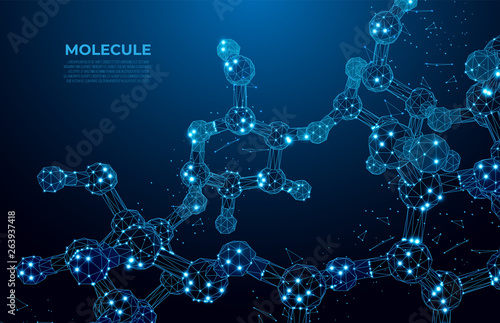 Scientific molecule low poly wireframe background for medicine, science, technology, chemistry.  Wallpaper or banner with a DNA molecules. Polygonal wireframe futuristic image