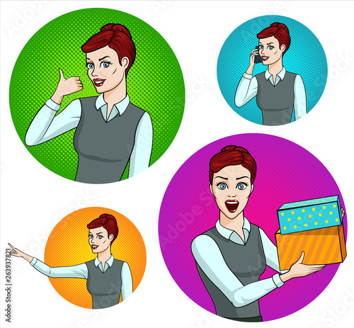 Young pretty woman shows the thumb up, indicates something, talks by the smartphone, rejoices with present boxes. Set of comic style pop-art illustration.