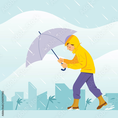 vector illustration boy walking in raincoat holding umbrella, boy walking in dangerous condition in heavy rain and storm