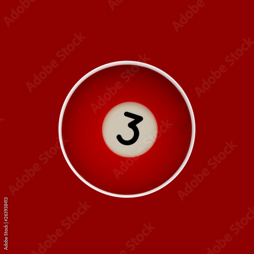 Red number 3 pool ball on a red background