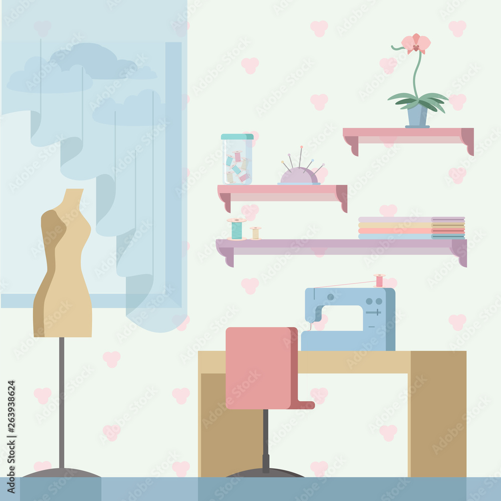 Fototapeta premium Sewing and creative craft room. Home office workspace. Vector ilustration.