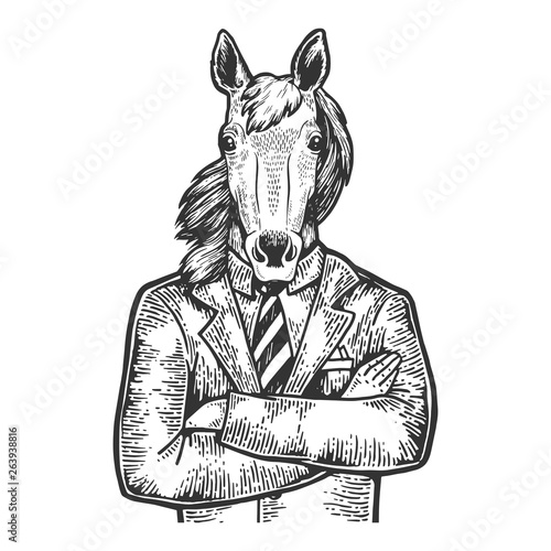 Horse head businessman sketch engraving vector illustration. Scratch board style imitation. Black and white hand drawn image.