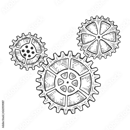 Gear mechanism sketch engraving vector illustration. Scratch board style imitation. Hand drawn image.