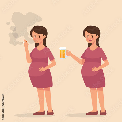 vector illustration pregnant woman smoking cigarette and drink a beer, bad lifestyle pregnant women