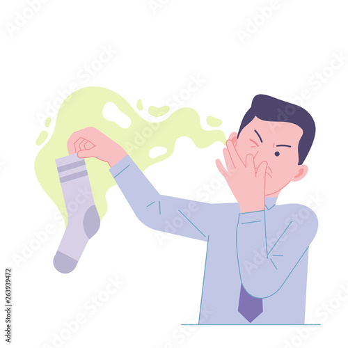 vector illustration man worker holding stinky smelly socks and the other hand closing nose