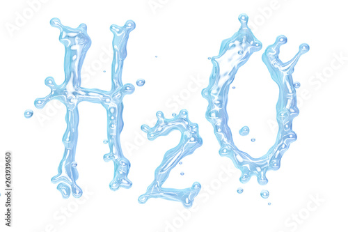 Water splash with water droplets in the form of letters H2O from water alphabet, isolated on white background. Liquid template design element. Clipping path included. 3D illustration