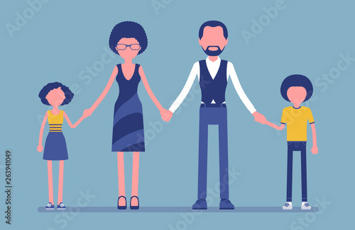 Happy family portrait. Group of two married parents and children living together in unit, mother, father, son, daughter holding hands, enjoy good relationship. Vector illustration, faceless characters