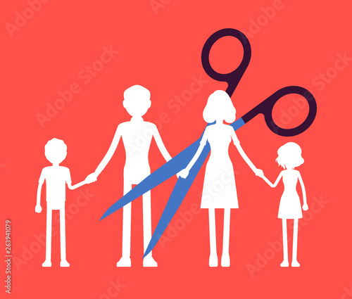 Family members paper garland chain cut. Scissors divide, separate parents and children unit, dissolution of a marriage, parental access rights after divorce or break up, split. Vector illustration