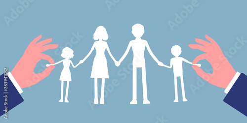 Family members paper craft garland chain. White silhouette dolls of parents and children unit, mother, father, son, daughter holding hands, therapy and psychological help symbol. Vector illustration