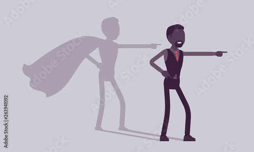 Super businessman in hero pose. Successful male manager admired for courage, outstanding business achievements, shadow waving cloak, pride, self-satisfaction. Vector illustration, faceless characters