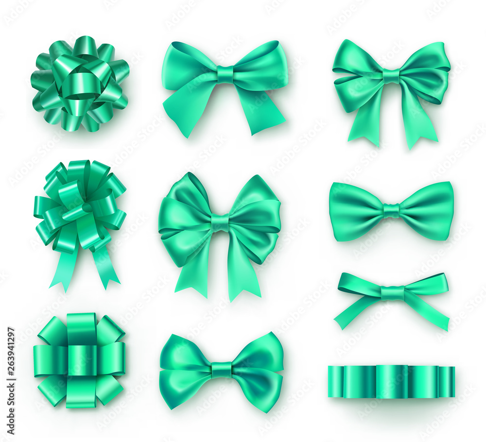 Turquoise gift bows with ribbons. Realistic decoration for holidays presents and cards. Elegant object from silk vector illustration. Holiday decor isolated on white background