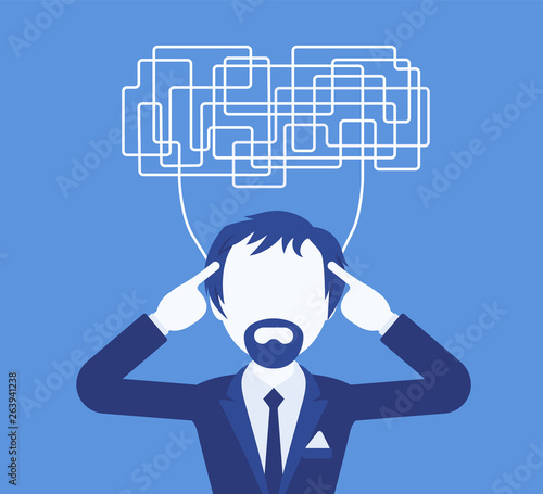 Man with confused thoughts unable to think clearly for decision. Complicated and chaotic ideas in disorder, manager perplexed with tasks, head full of problems. Vector illustration, faceless character