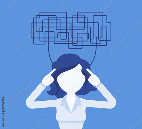 Woman with confused thoughts unable to think clearly for decision. Complicated, chaotic ideas in disorder, manager perplexed with tasks, head full of problems. Vector illustration, faceless character