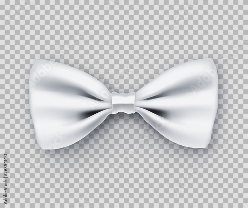 Sparkling white bow tie from satin material. Wedding ceremony accessory for groom and best man isolated on transparent background. Realistic formal wear. Elegant clothes from silk vector illustration.