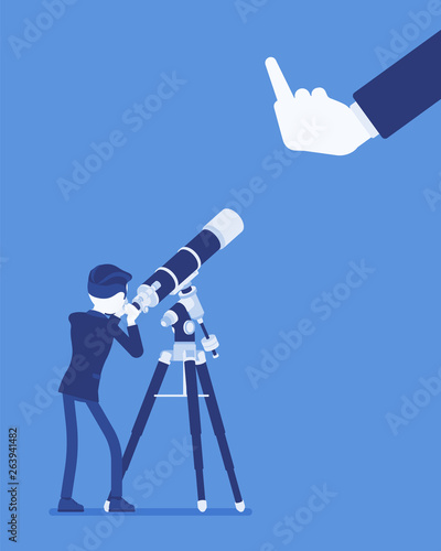 Businessman seeing no expectation of good or success. Male manager watching telescope for prediction, viewing bad business development, poor outcome, negative future prognosis. Vector illustration