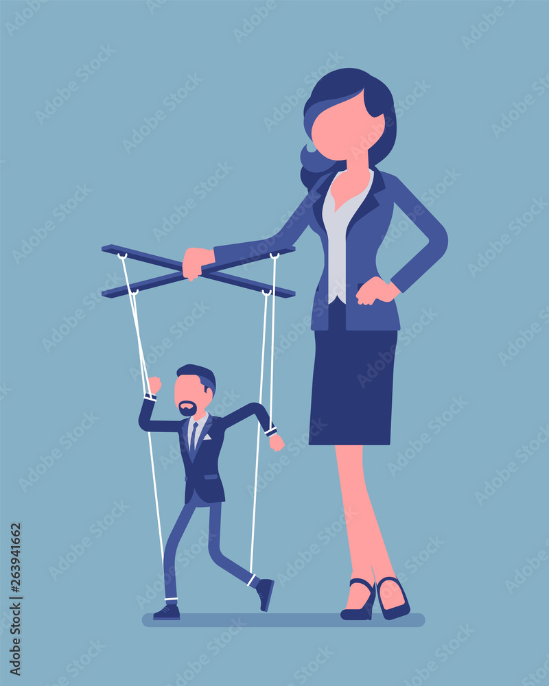 Fototapeta premium Marionette businessman manipulated and controlled by female puppeteer. Male manager under boss influence, strong woman with authority operates a weak man. Vector illustration, faceless characters