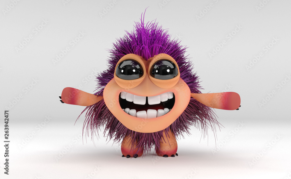 Happy Kawaii monster with purple hair and black eyes - 3D Render
