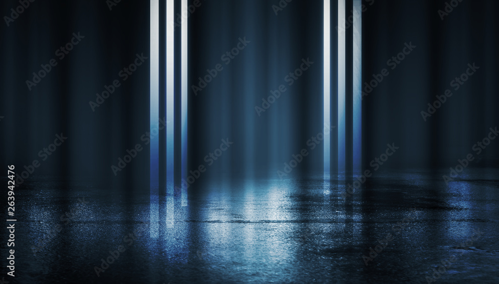 Fototapeta premium Empty background scene. Dark street reflection on the wet pavement. Rays of blue neon light in the dark, neon figures, smoke. Night view of the street, the city. Abstract dark background.